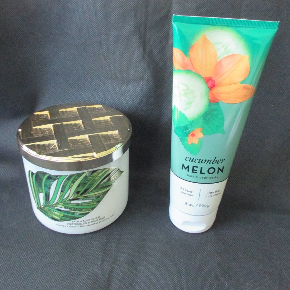 NWT- 2 full size Bath & Body Works Items- "Watermelon Mint" candle & Melon cream